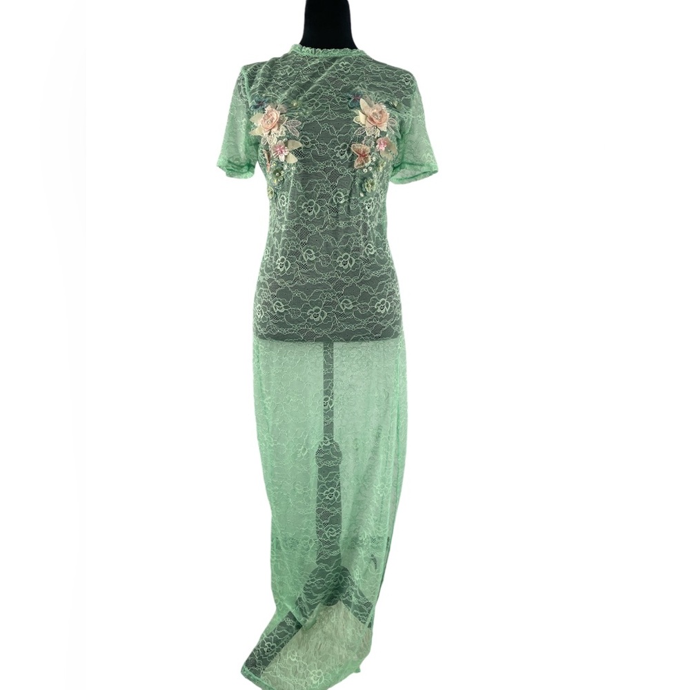 Free People Lace Applique Maxi Dress, mint green,floral design,Large, New - Picture 14 of 14